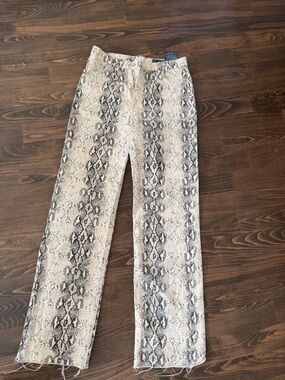 Zara Snake-Print Straight Leg Jeans in Cream and Gray
